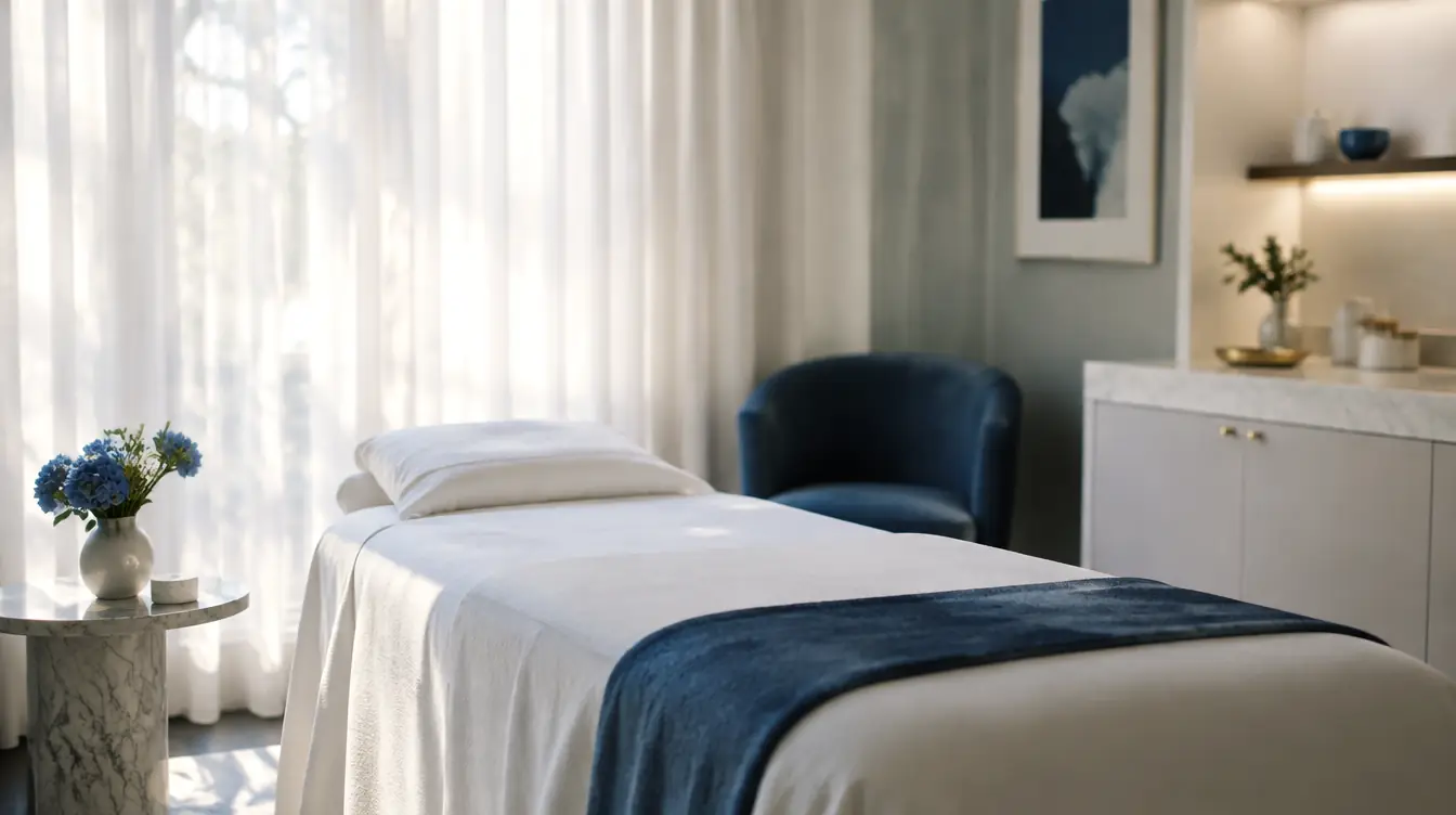 An empty treatment room in soft daylight, the bed made with a navy throw.