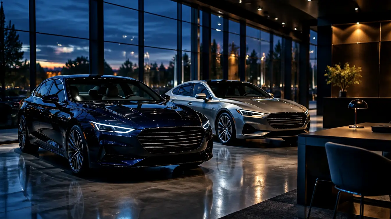 An empty car showroom at dusk, two saloons on a polished floor.