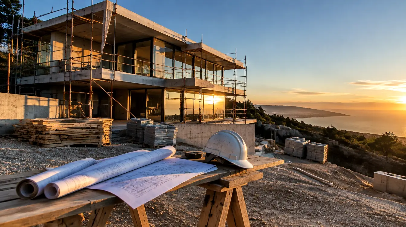 A new house under construction at sunset, scaffolding up, plans and a hard hat on a trestle table.