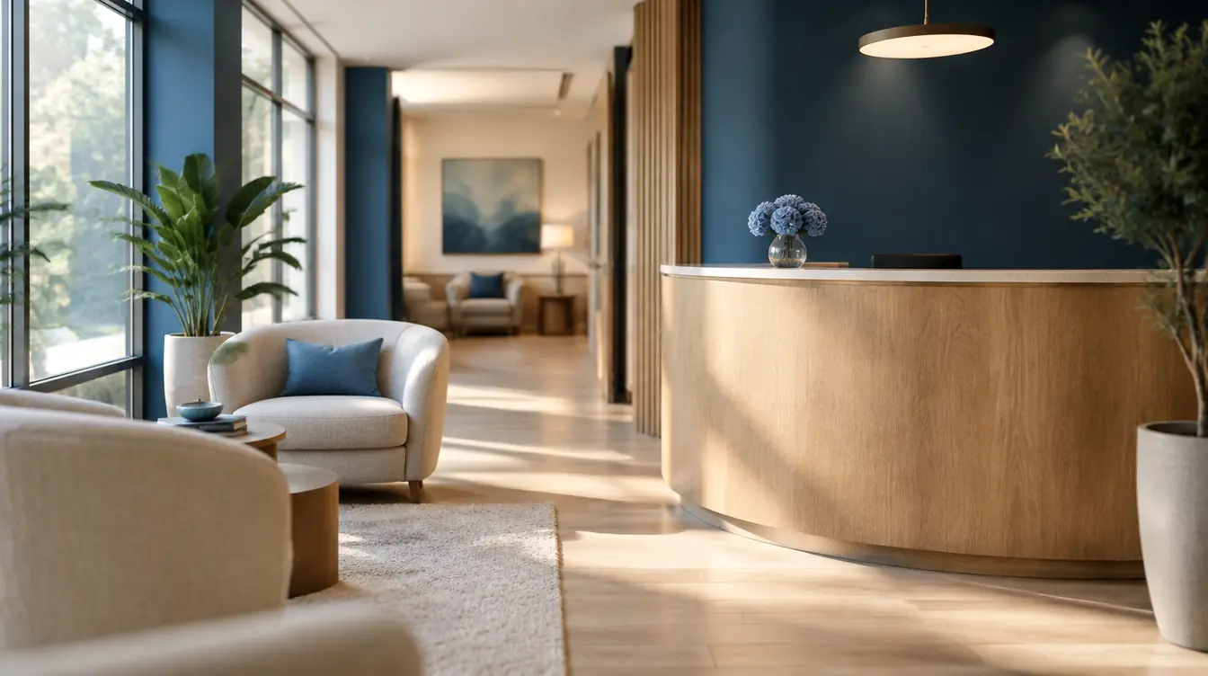 An empty clinic reception in daylight: a curved oak desk, armchairs and plants.