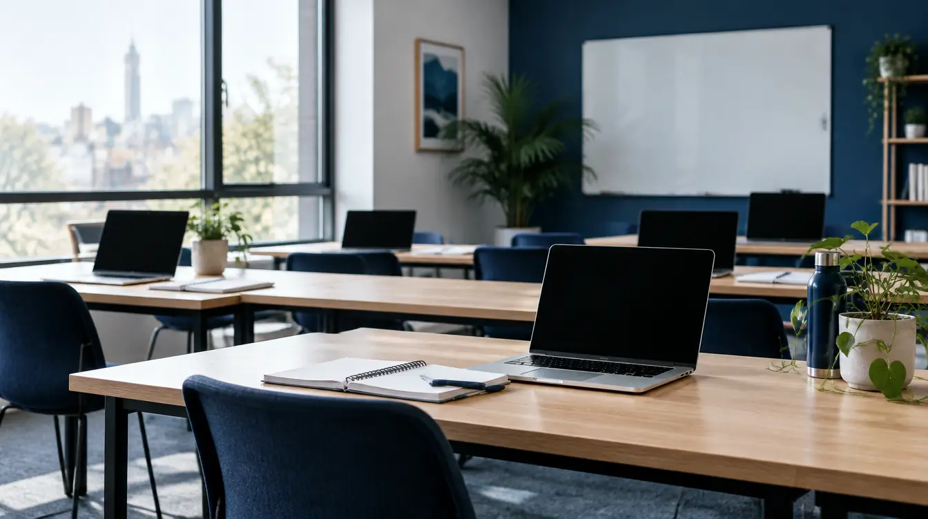 An empty training room in daylight, laptops closed on long desks and a blank whiteboard.