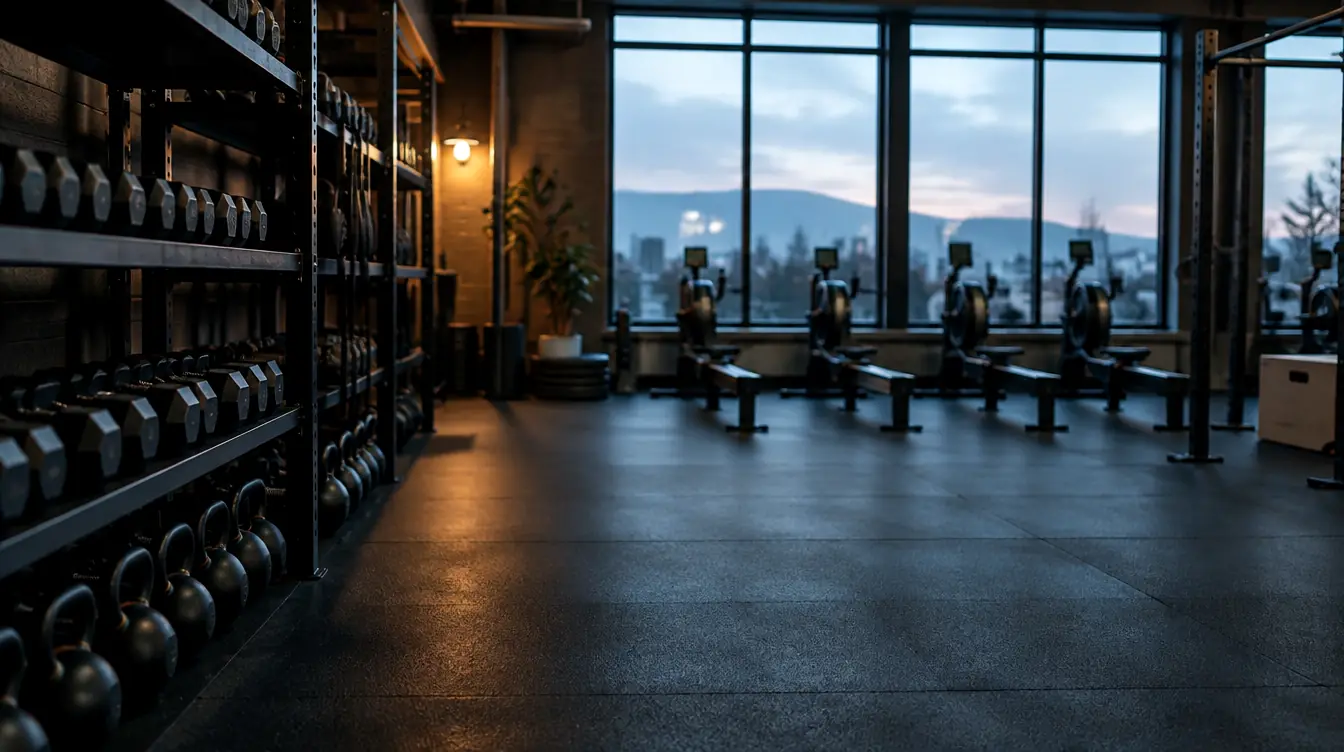 An empty gym at dusk: racks of kettlebells and a row of rowing machines by the windows.
