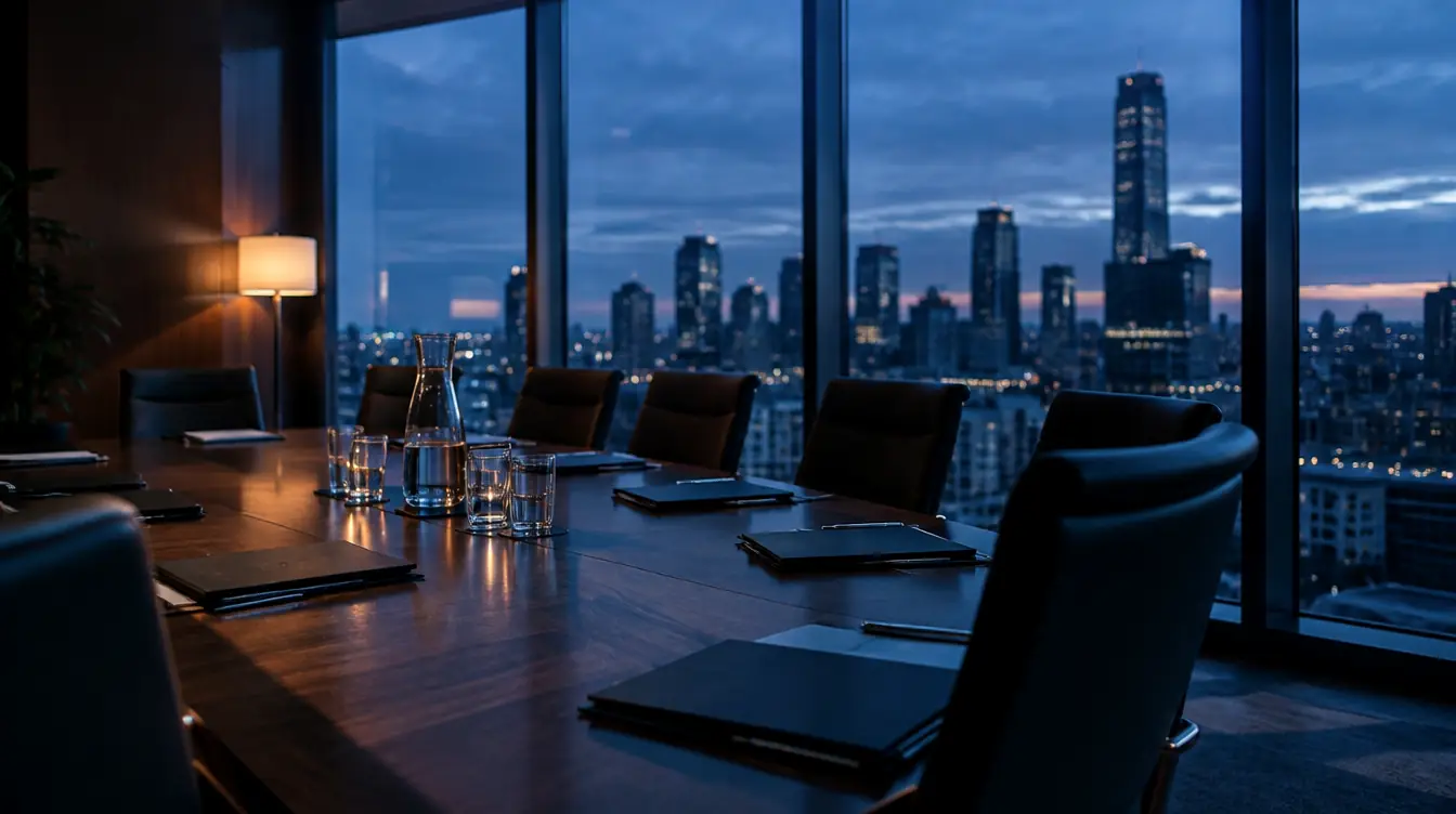 An empty boardroom at dusk, folders and water glasses set out, city lights through the windows.