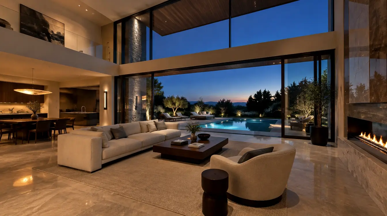 An empty modern home at dusk: a double-height living room open to a lit pool.