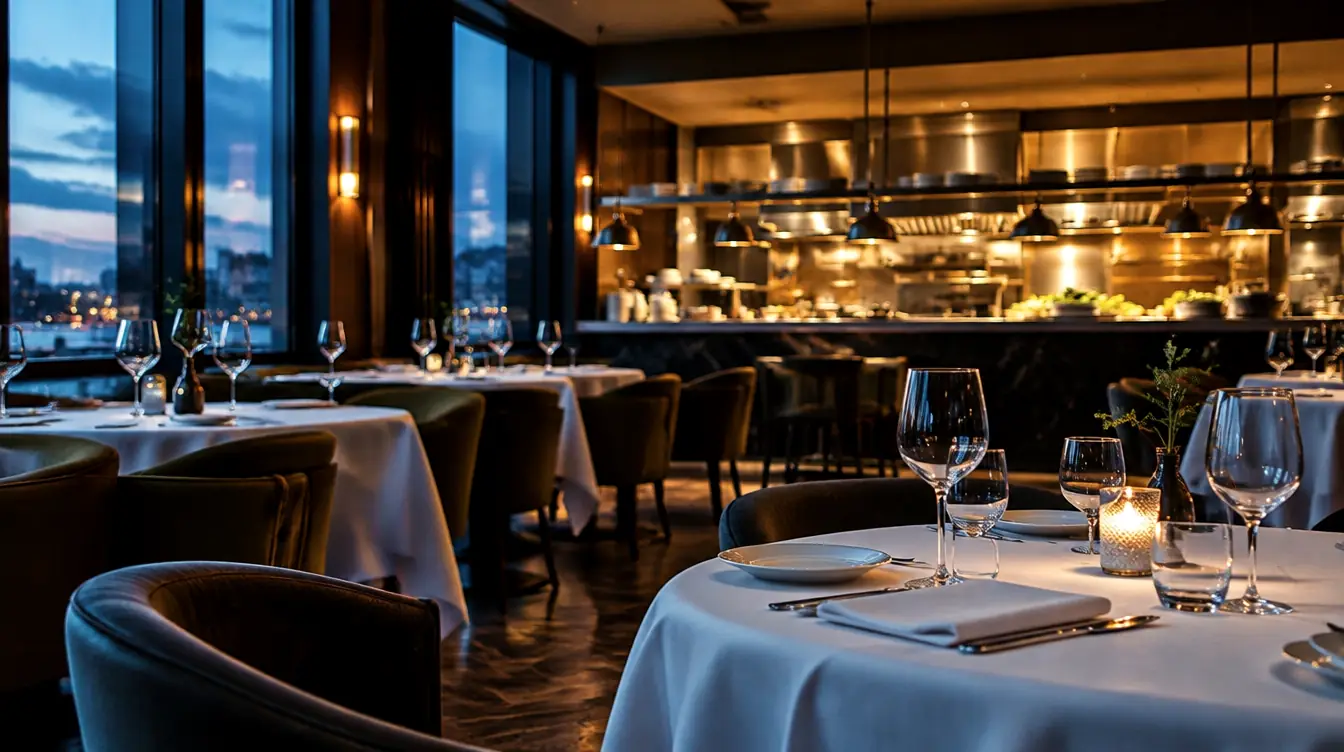 An empty restaurant before service, tables laid and the open kitchen lit behind.