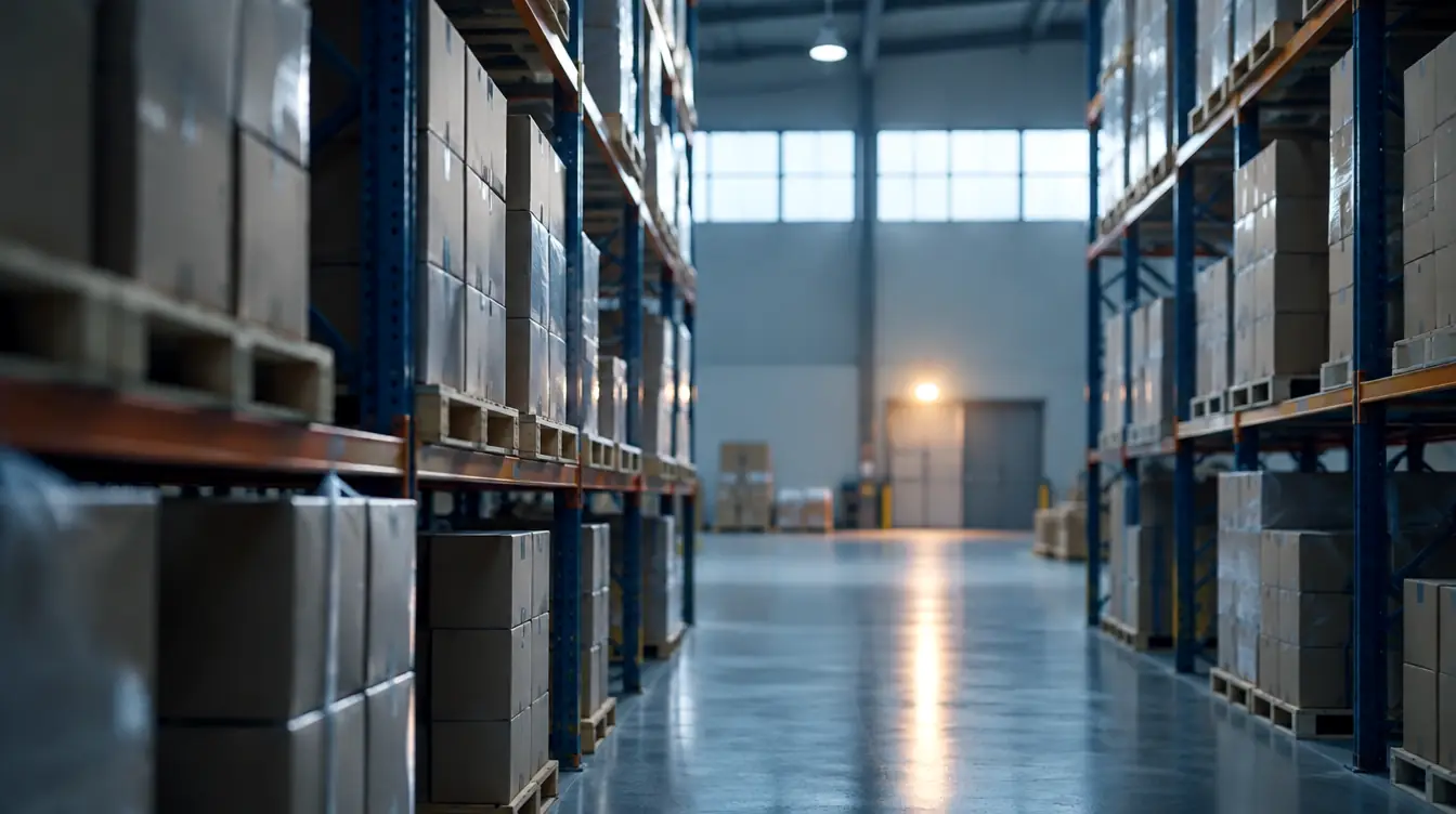 An empty warehouse aisle in soft light, pallets of boxes on blue racking.