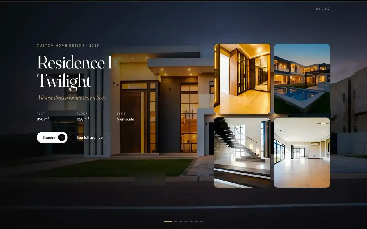 A project page from the studio's website: a modern house at dusk with four interior and pool photographs, the name hidden
