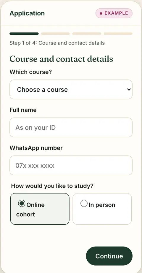 The online application on a phone, step one of four: course and contact details, labelled as an example form