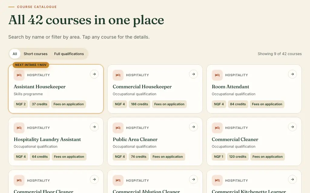 The institute's course catalogue: course cards for hospitality qualifications with a next intake badge, the name hidden