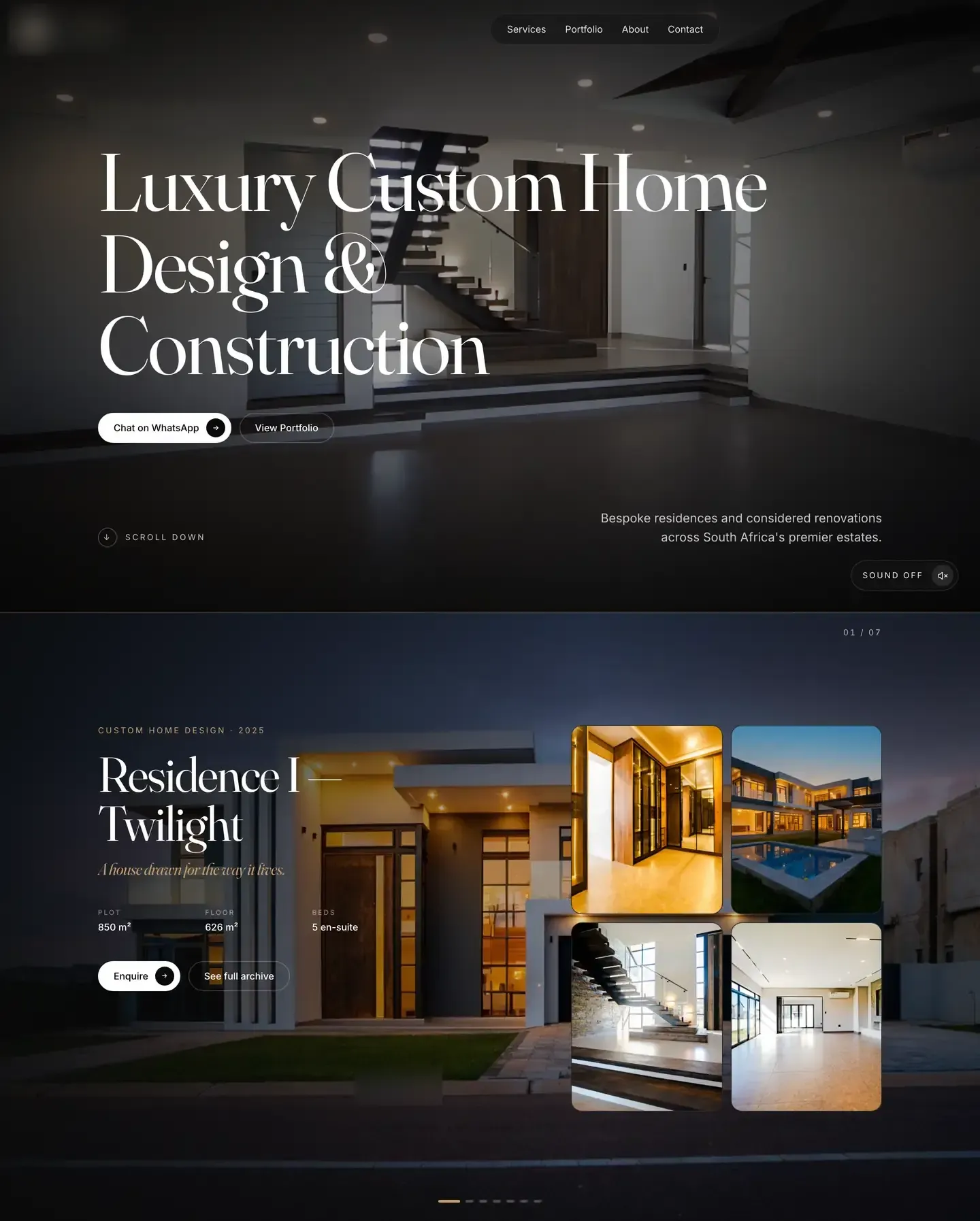 The full home page of a luxury home design and build studio's website, built by Verdance, with the name hidden